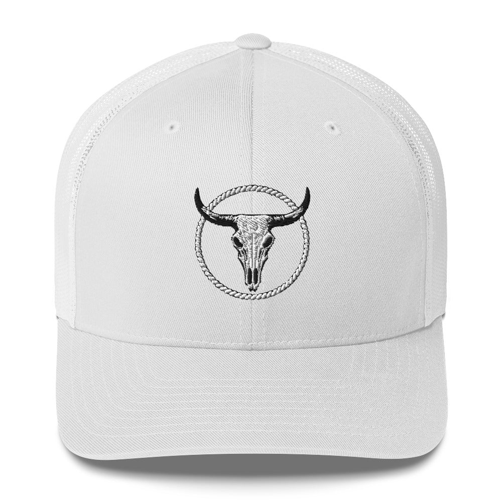 White MNTIAN Trucker hat with black bull skull emblem and mesh back panel