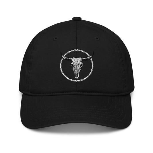 mntain outlaw black organic dad hat with embroidered bull skull and rope circle design