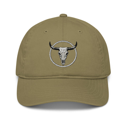 mntain outlaw organic dad hat in olive with embroidered bull skull and rope design