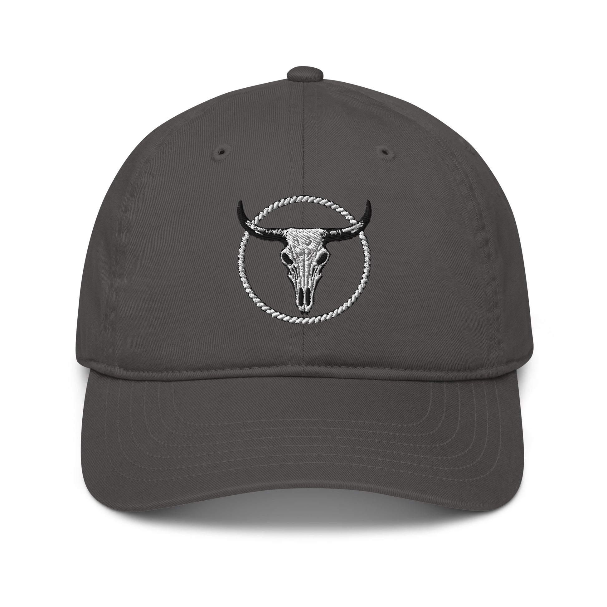 mntain outlaw organic dad hat in gray with bull skull and rope circle embroidery on front
