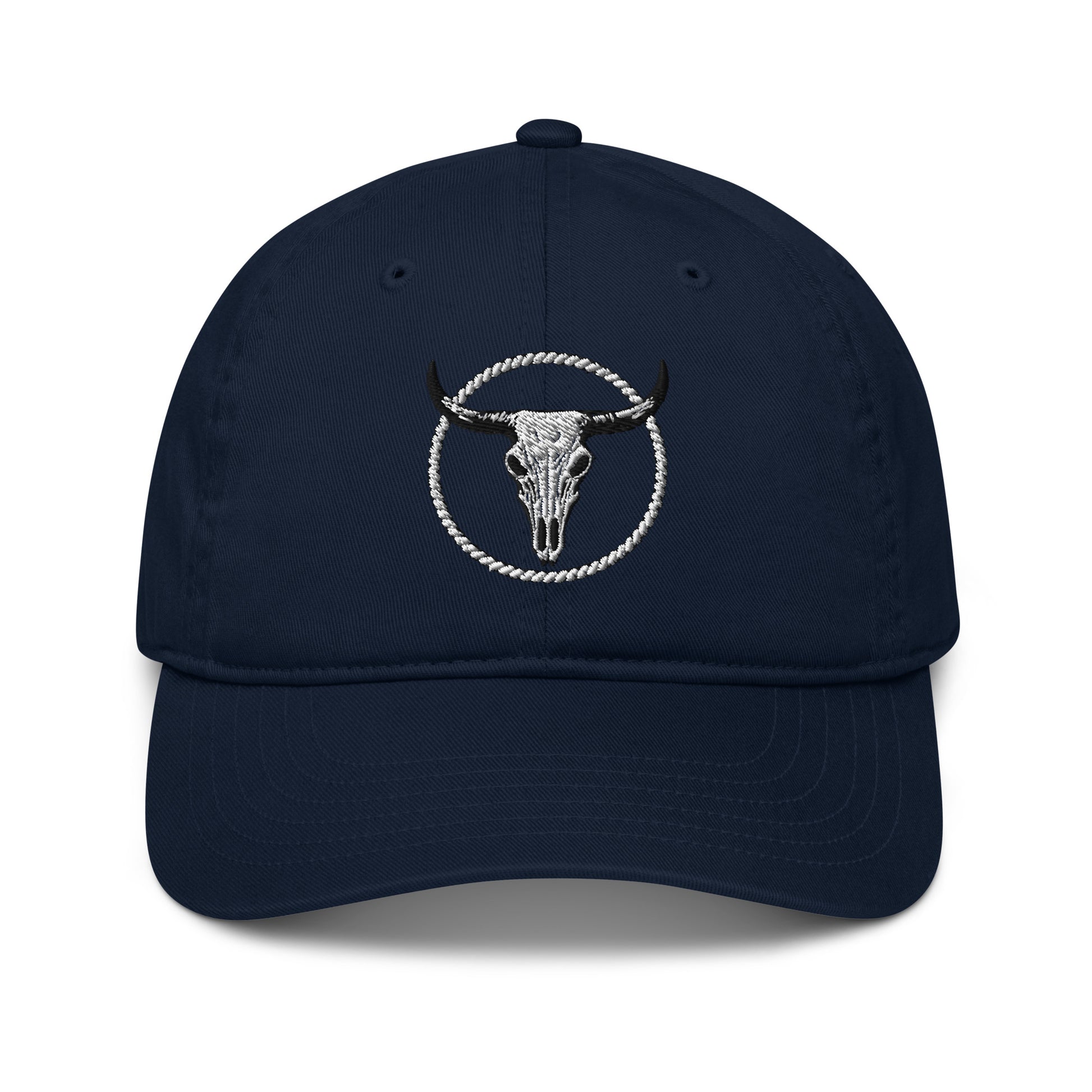 mntain outlaw navy blue organic dad hat with embroidered bull skull and rope circle design