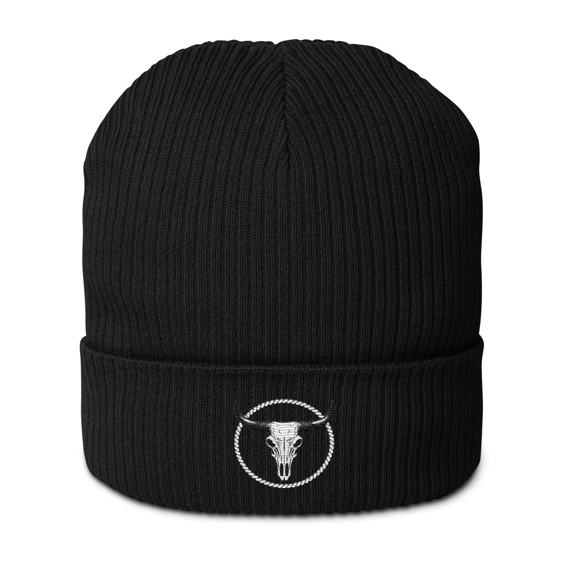 mntain outlaw black organic ribbed beanie with embroidered bull skull logo on front cuff