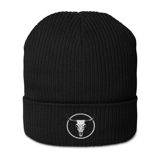 mntain outlaw black organic ribbed beanie with embroidered bull skull logo on front cuff