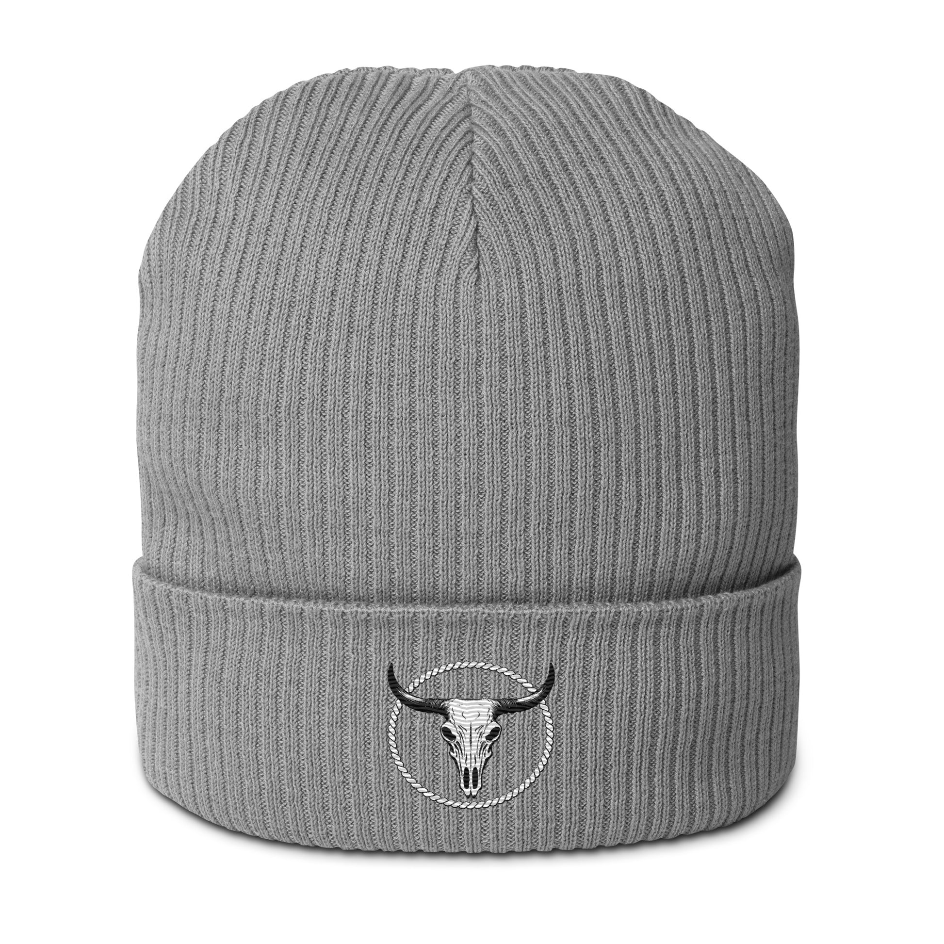 Grey organic ribbed beanie from mntain outlaw with embroidered bull skull logo on cuff