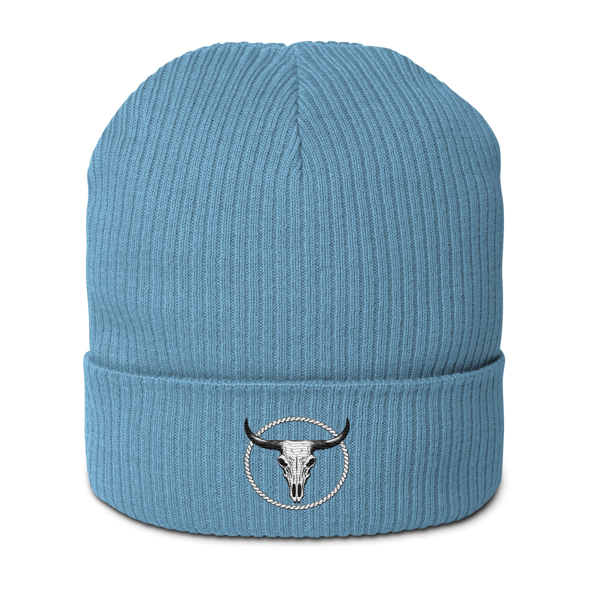 Blue organic ribbed beanie from mntain outlaw with embroidered bull skull logo on cuff