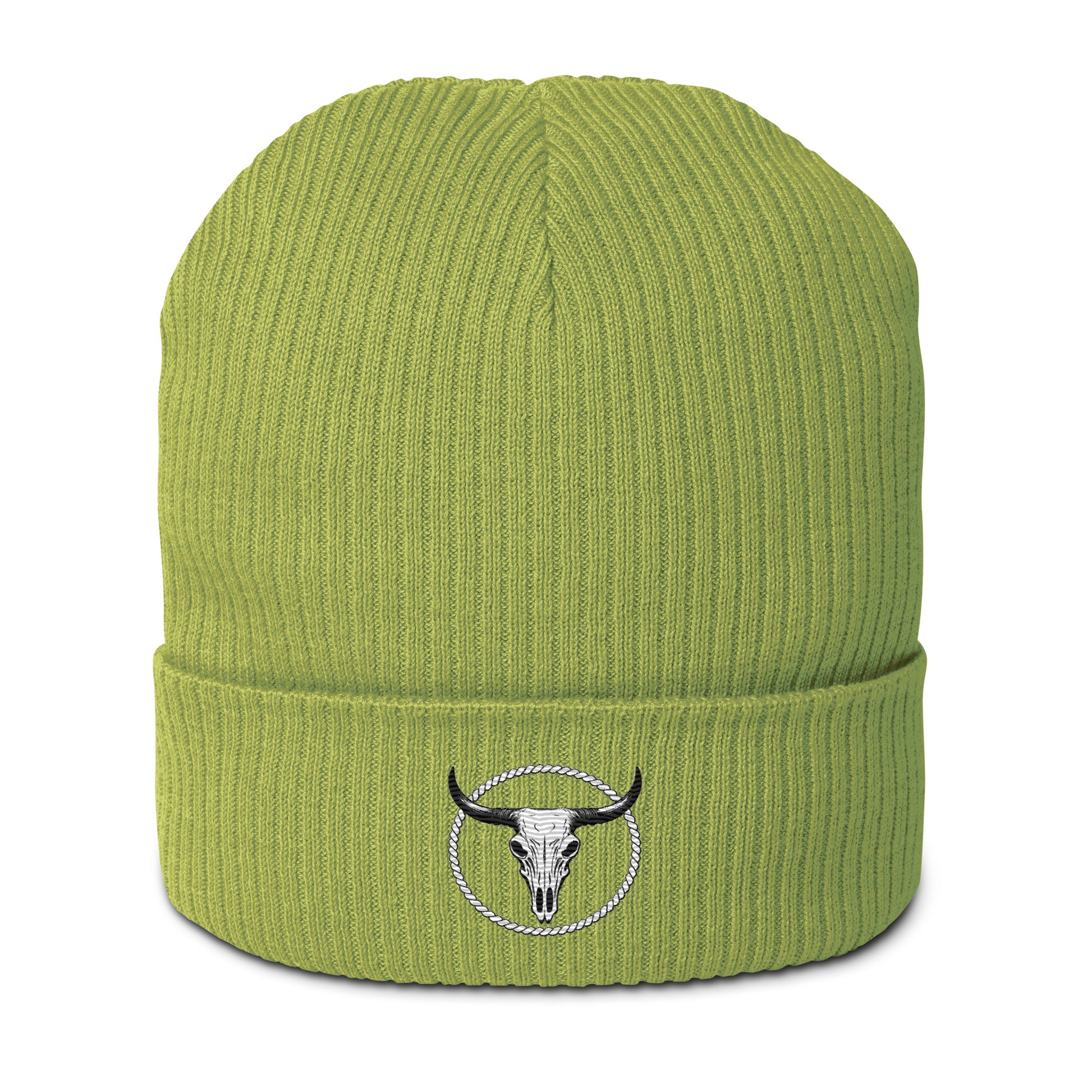 Green organic ribbed beanie by mntain outlaw with embroidered bull skull logo on cuff