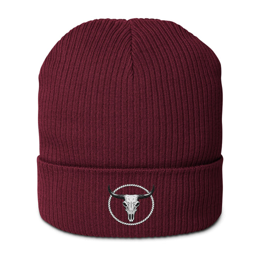 mntain outlaw organic ribbed beanie in burgundy with bull skull logo embroidery