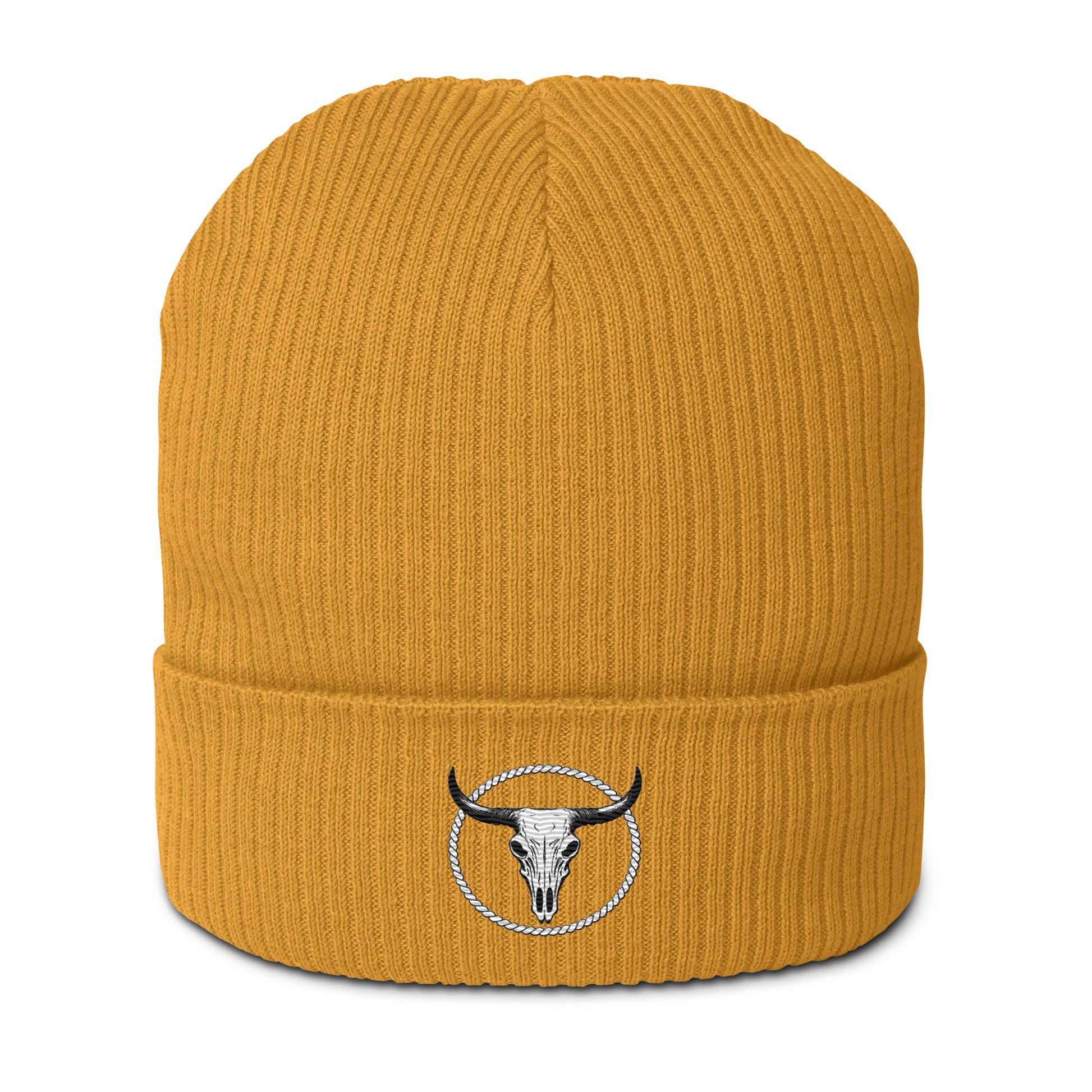 Mustard yellow organic ribbed beanie from mntain outlaw with embroidered bull skull logo