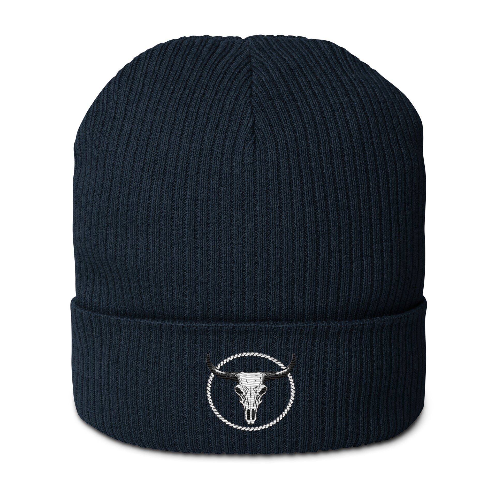 Black organic ribbed beanie with folded cuff and embroidered bull skull logo by mntain outlaw