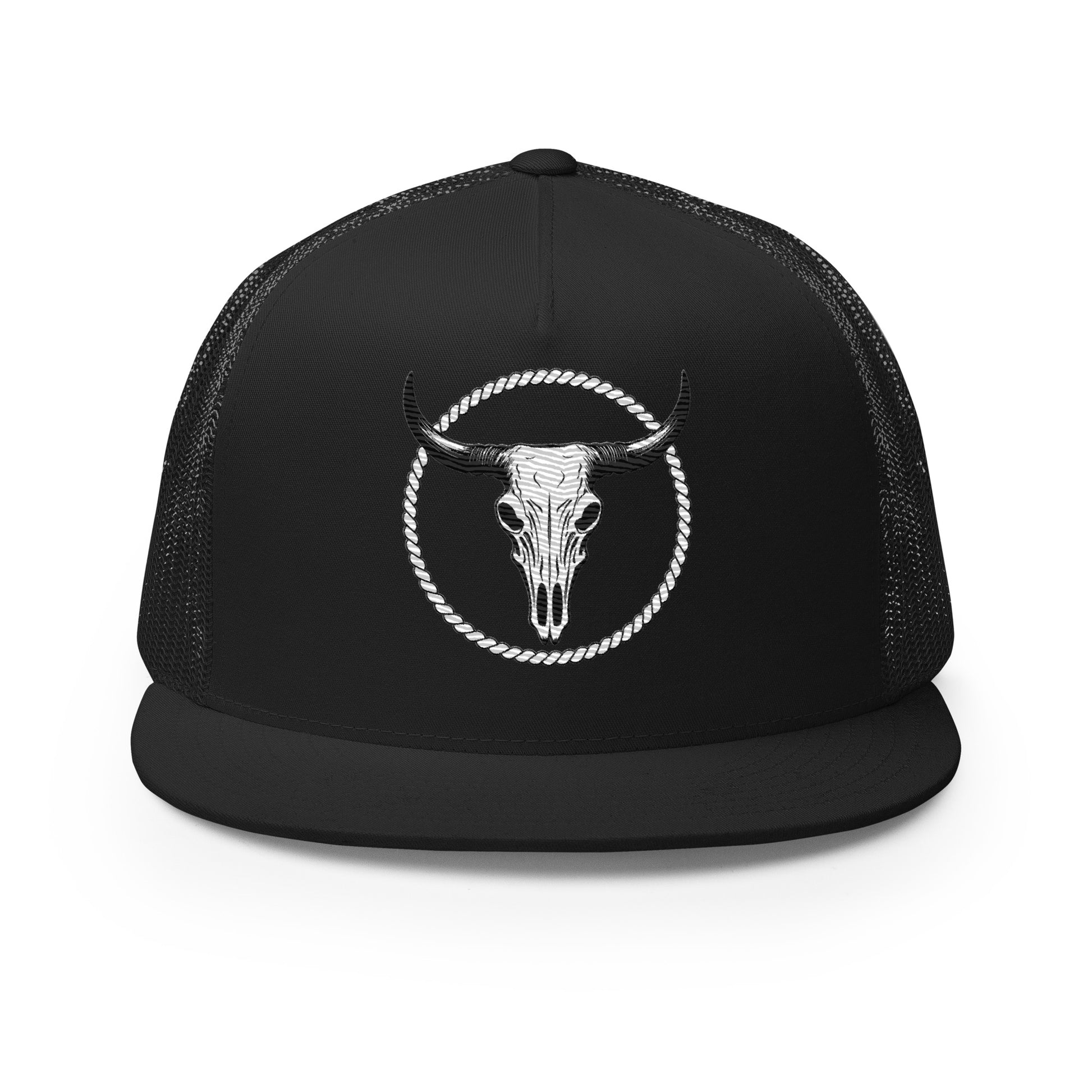 Black mesh trucker cap with white bull skull logo and rope circle design outdoor lifestyle hat