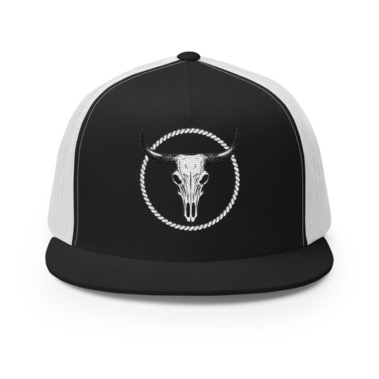 mntain outlaw black and white trucker hat with bull skull design outdoor lifestyle hat
