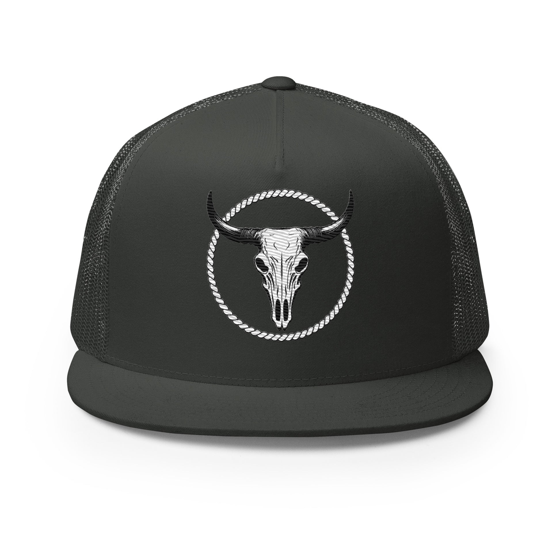 Black outdoor lifestyle hat by mntain outlaw featuring a bull skull logo with rope circle design