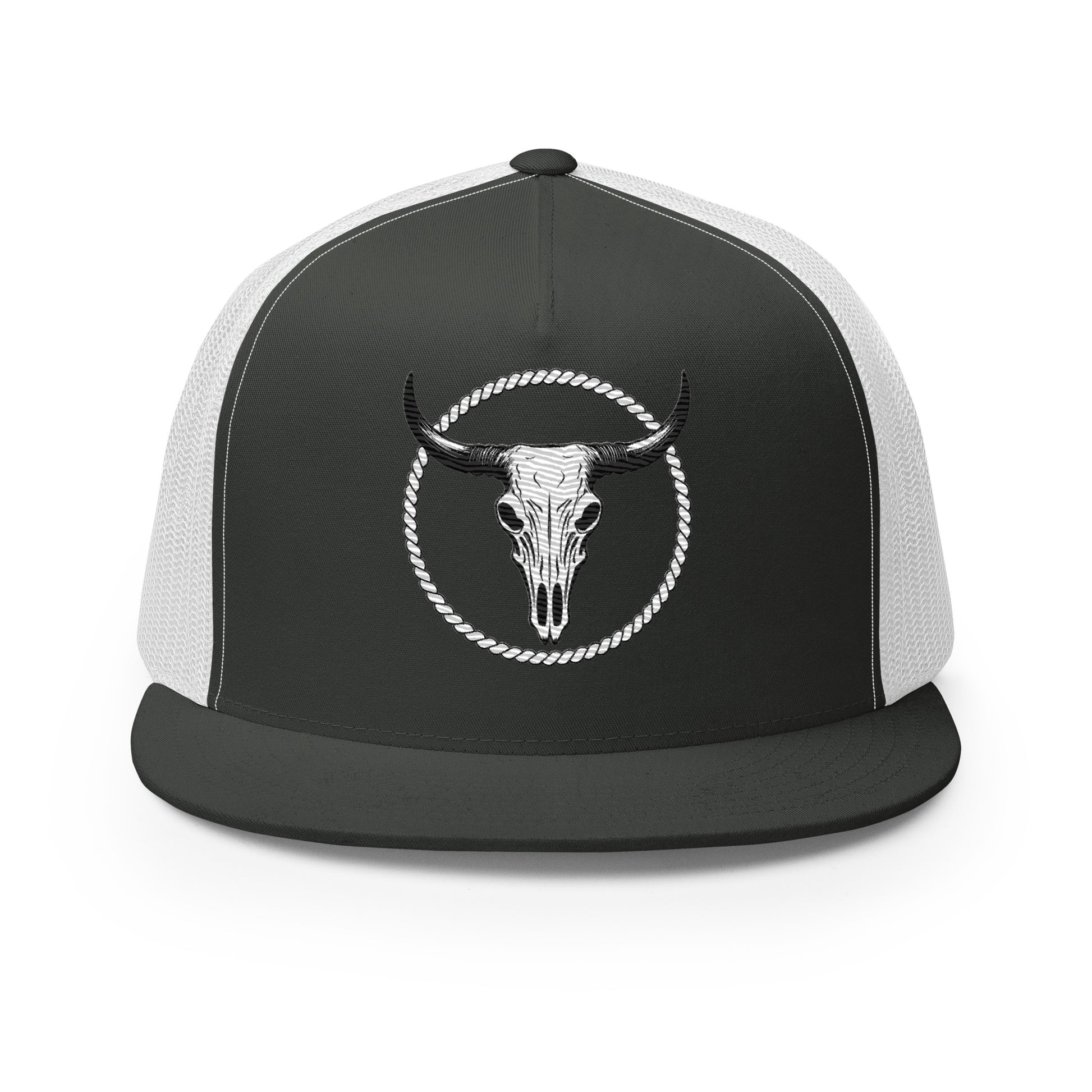 mntain outlaw black and white trucker cap featuring bull skull design outdoor lifestyle hat