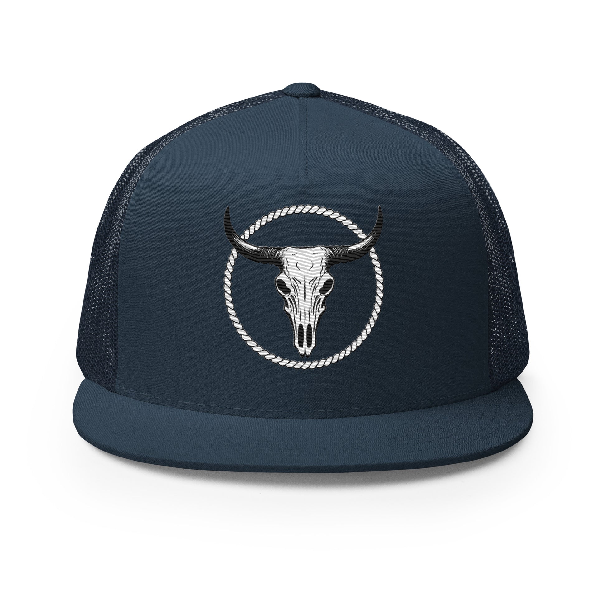 mntain outlaw outdoor lifestyle hat with black bull skull and rope circle design on dark mesh cap