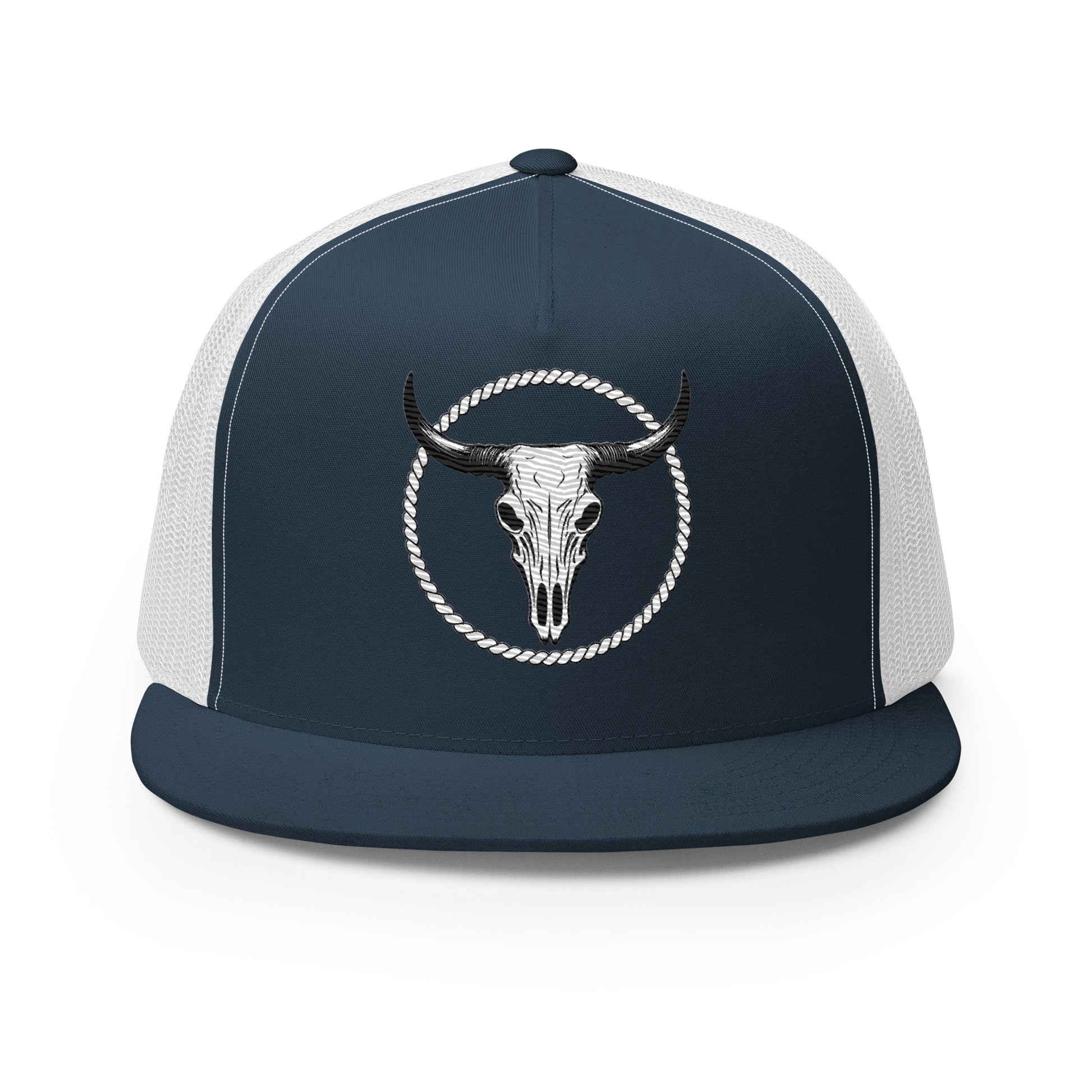 Mntain Outlaw outdoor lifestyle hat with bull skull design and mesh back in navy and white