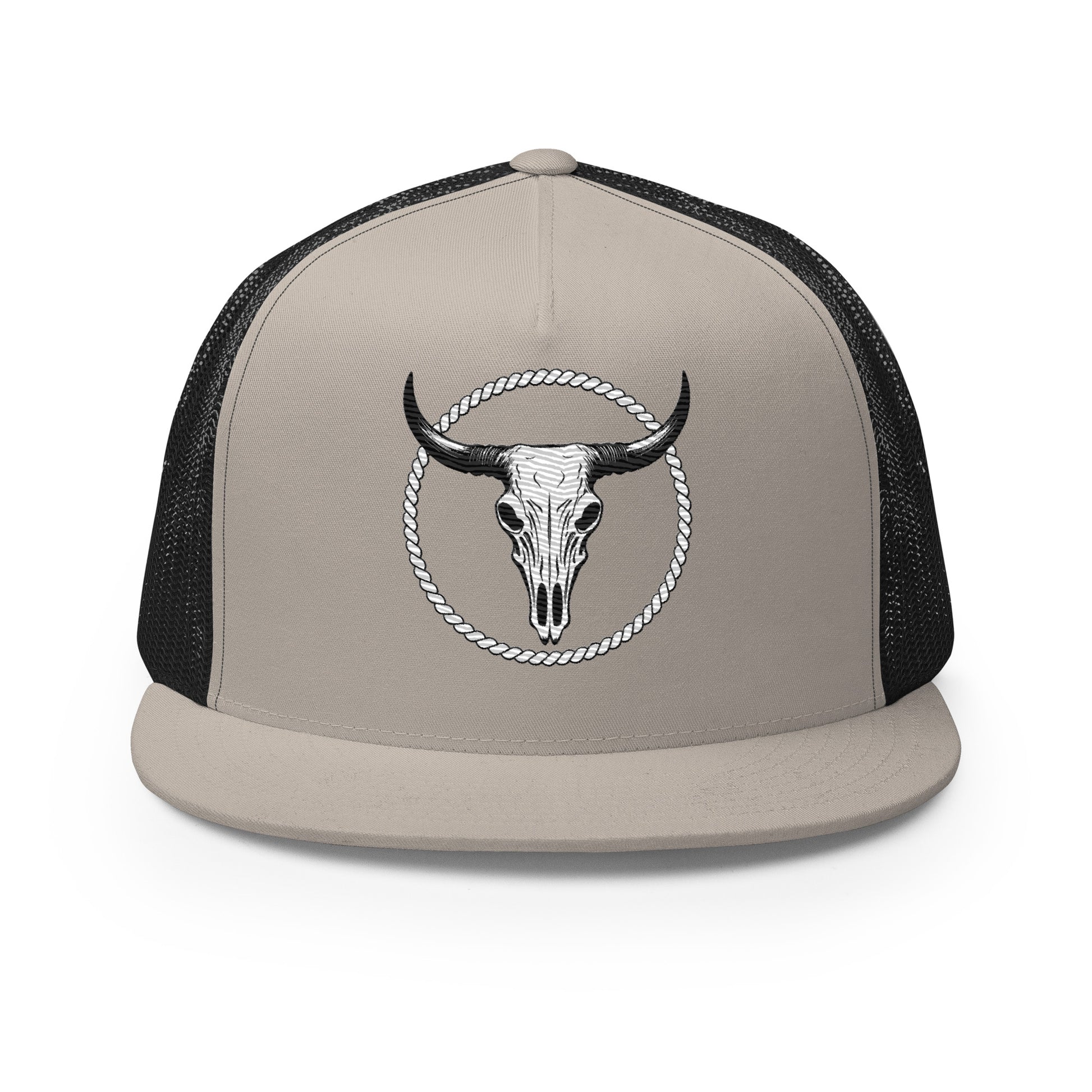 mntain outlaw outdoor lifestyle hat with skull and rope design in beige and black mesh