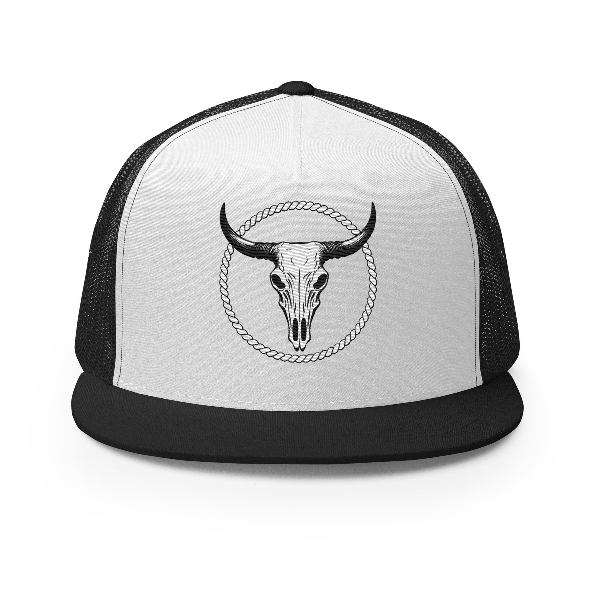 mntain outlaw black and white trucker hat featuring a bull skull design outdoor lifestyle hat