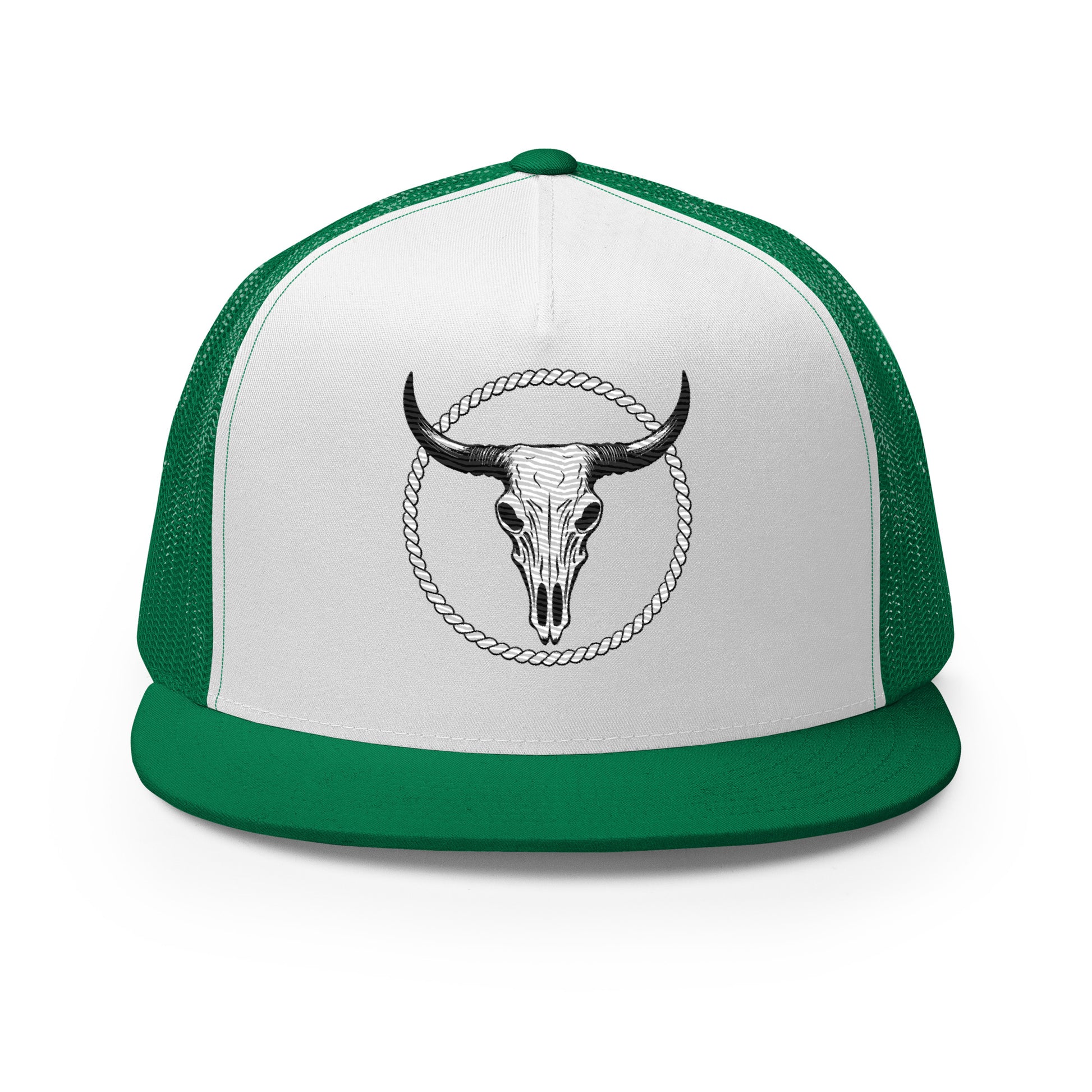 Green and white outdoor lifestyle hat with bull skull and rope circle design by mntain outlaw