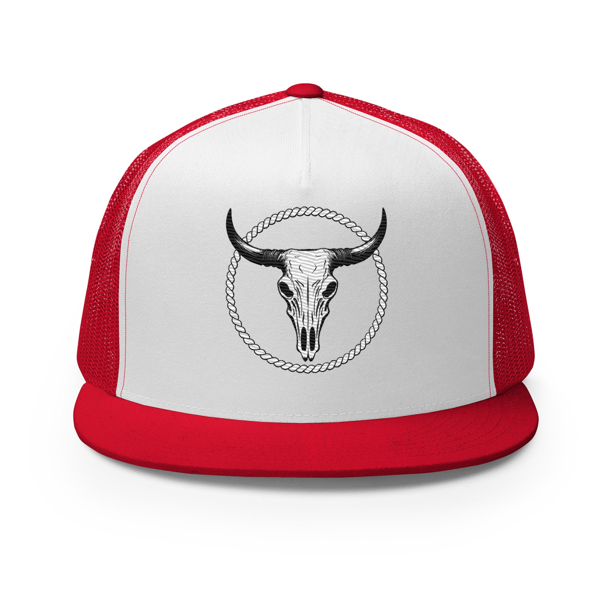 Mntain Outlaw red and white trucker hat with bull skull design outdoor lifestyle hat