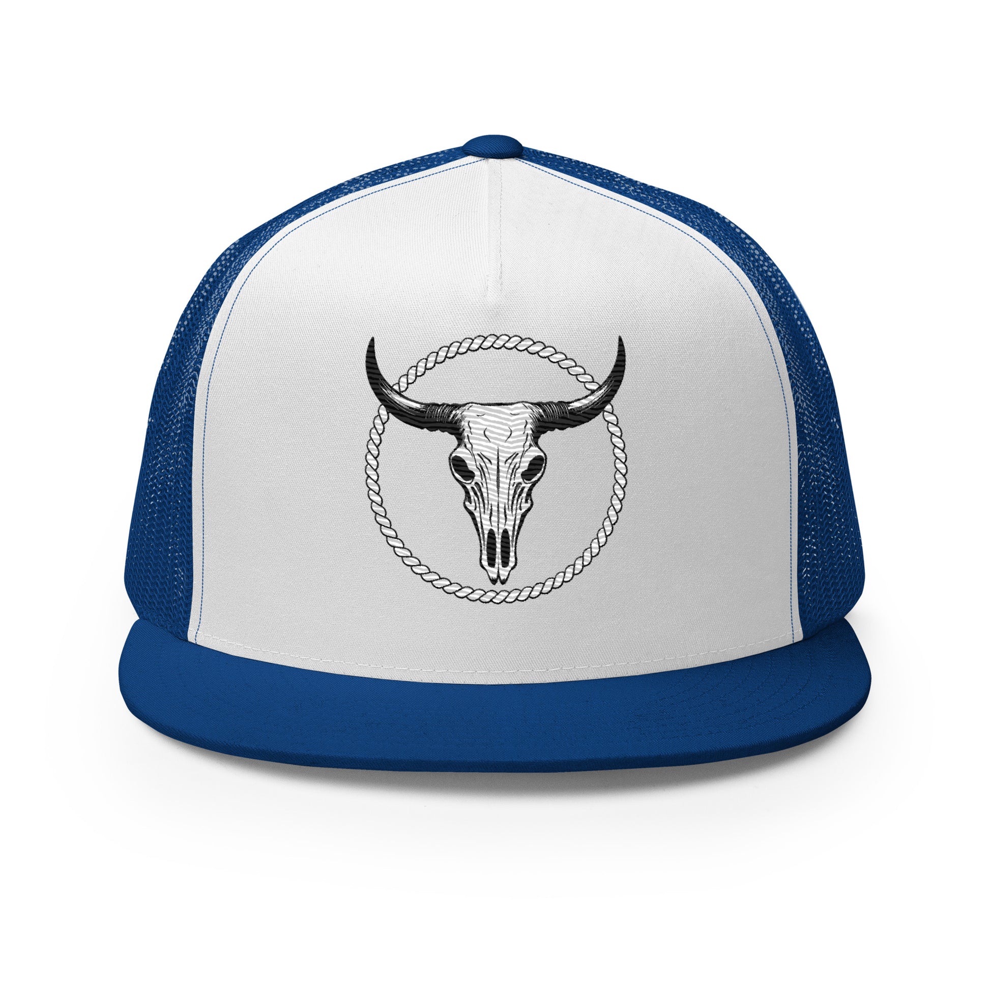 mntain outlaw blue and white outdoor lifestyle hat with bull skull and rope circle design