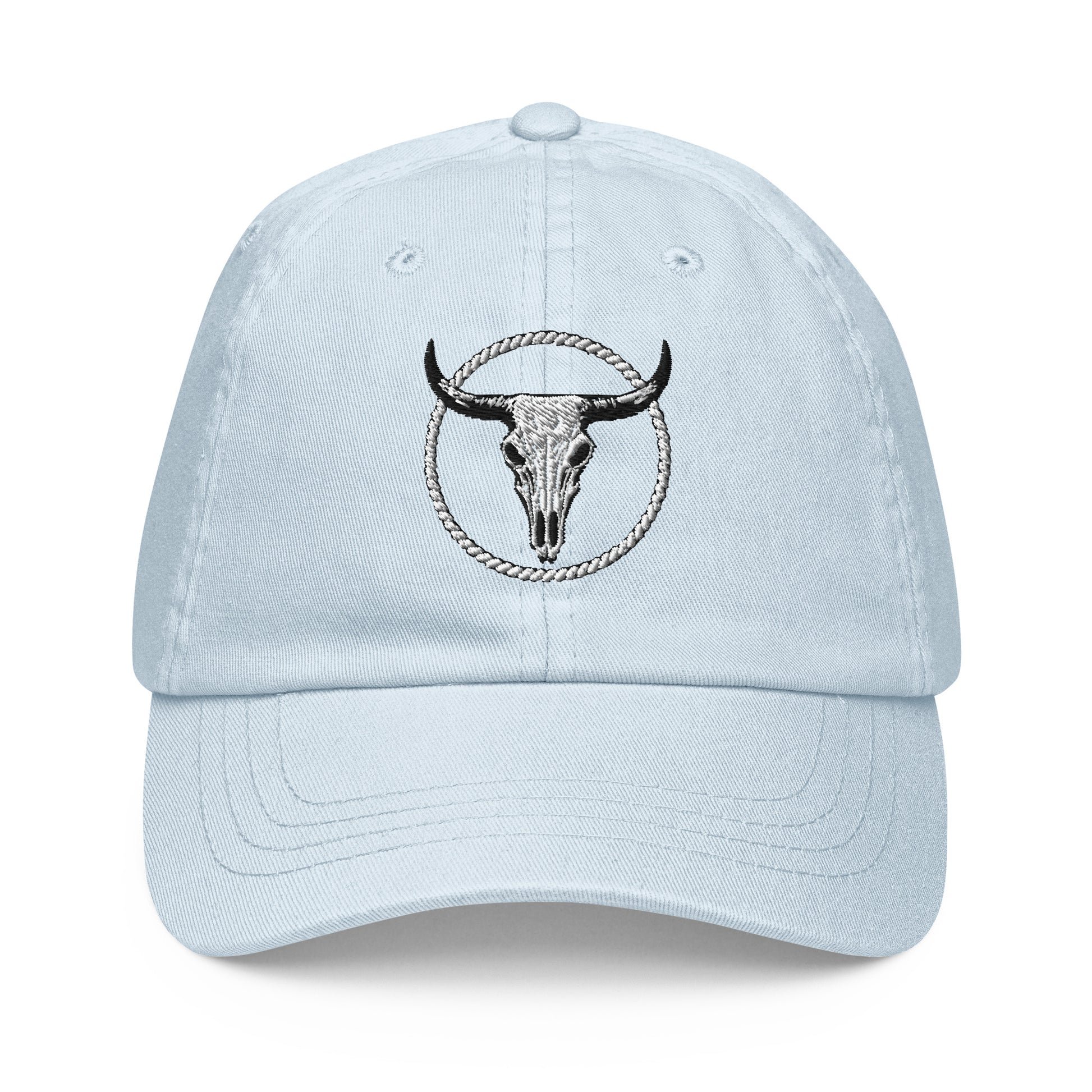Mntain Outlaw pastel baseball cap in light blue with bull skull and rope circle embroidery