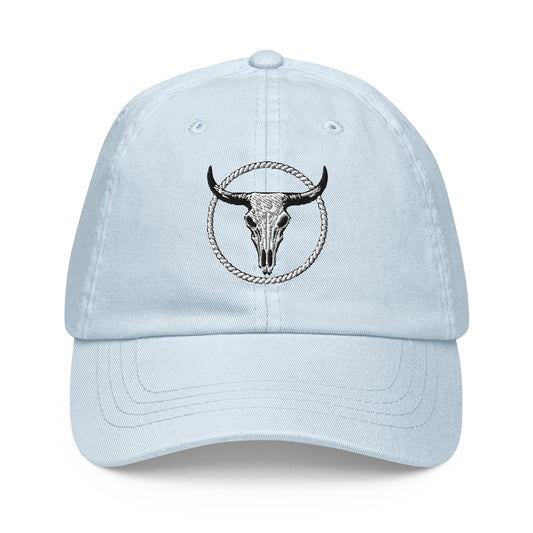 Mntain Outlaw pastel baseball cap in light blue with bull skull and rope circle embroidery