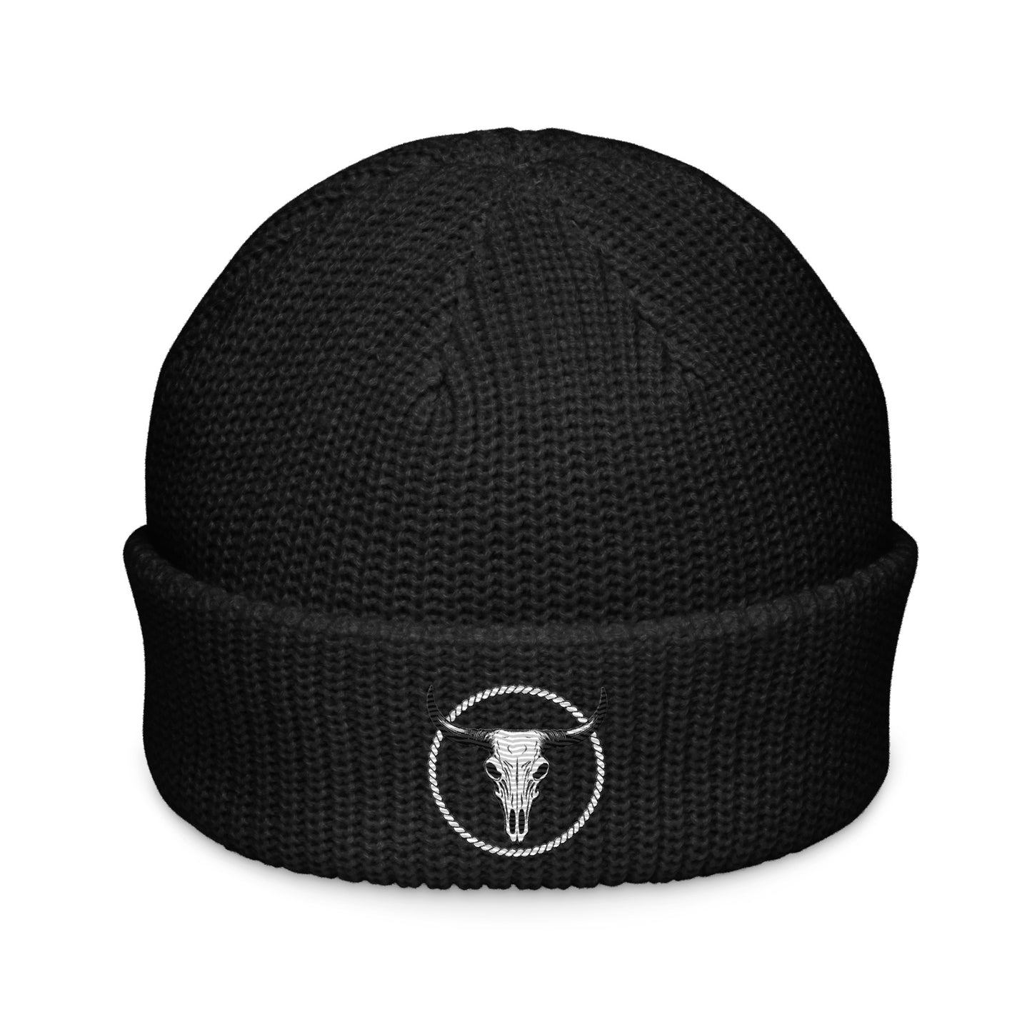 Black rugged fisherman beanie with embroidered bull skull logo by mntain