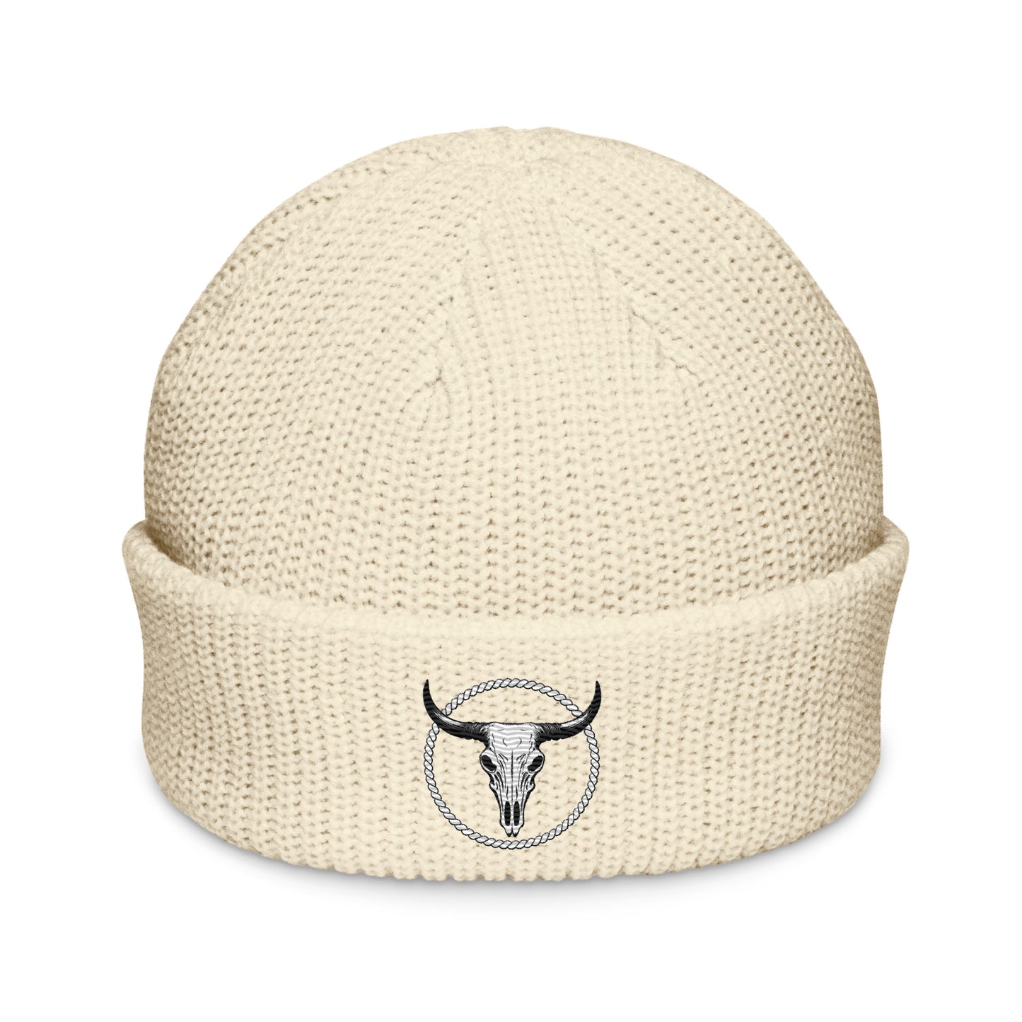 mntain rugged fisherman beanie in cream with bull skull embroidery on cuff