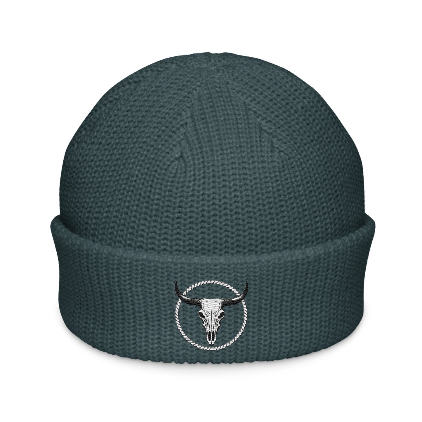 mntain rugged fisherman beanie in dark gray with embroidered bull skull patch on cuff