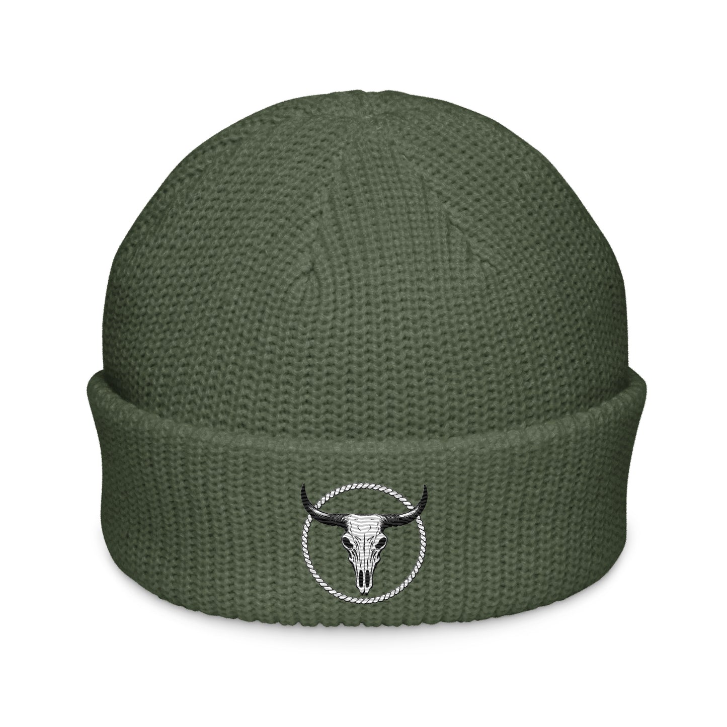 mntain rugged fisherman beanie in olive green with bull skull logo on cuff