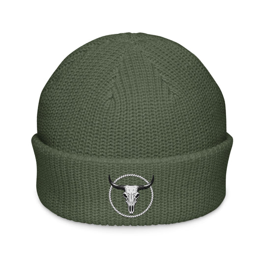 mntain rugged fisherman beanie in olive green with bull skull logo on cuff