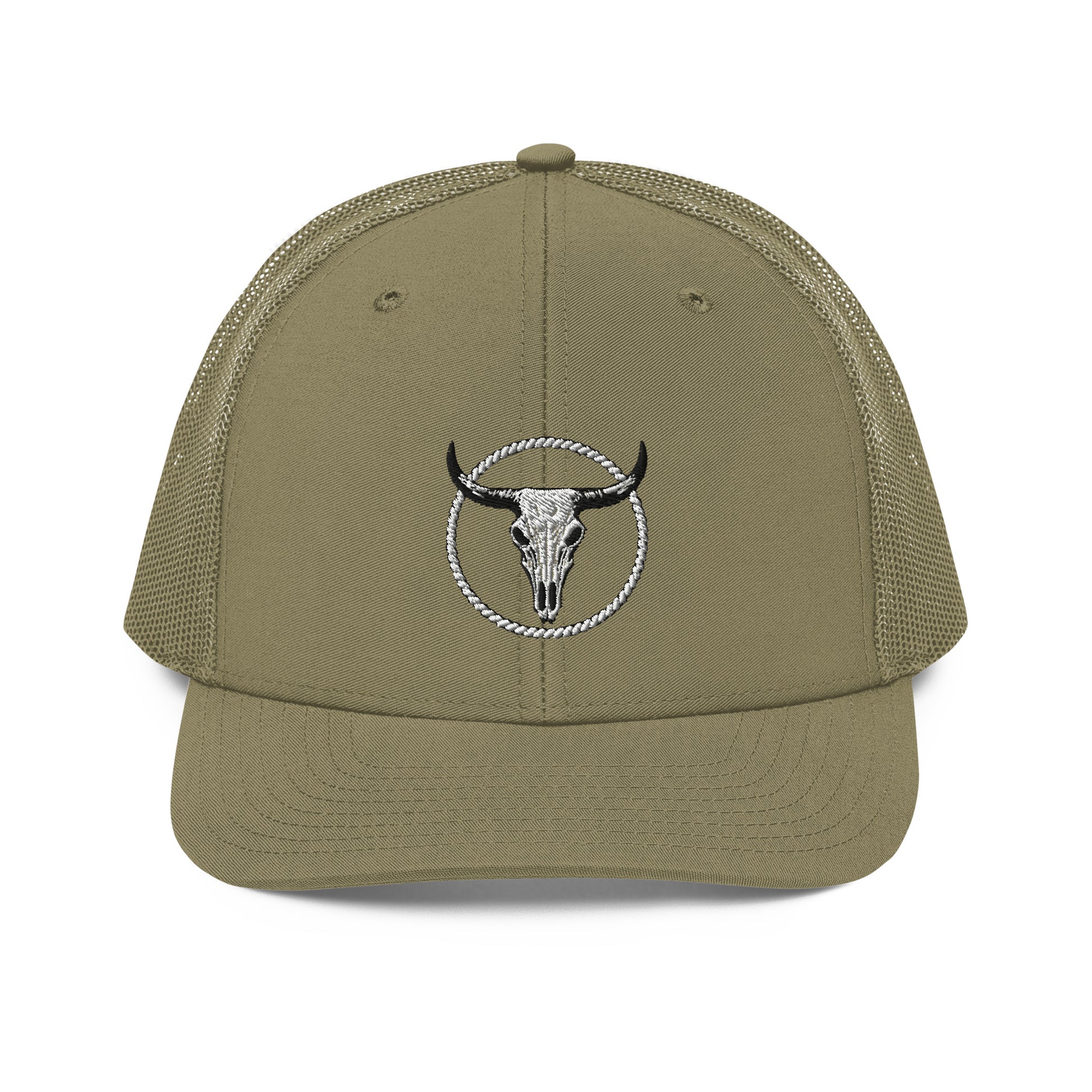 mntain rugged trucker cap in olive green with embroidered bull skull and mesh back