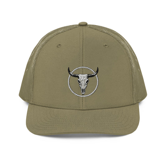 mntain rugged trucker cap in olive green with embroidered bull skull and mesh back