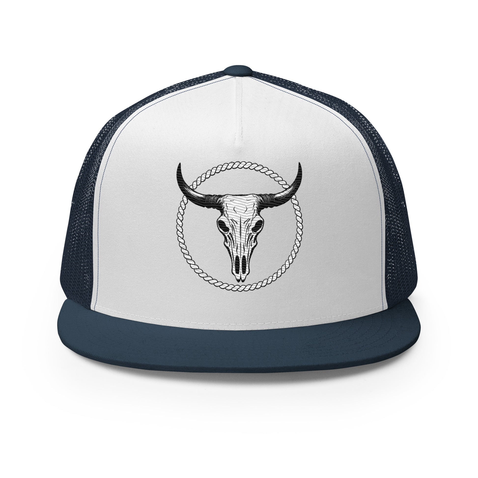 mntain outlaw rugged trucker cap with navy blue brim and mesh back featuring a bull skull design