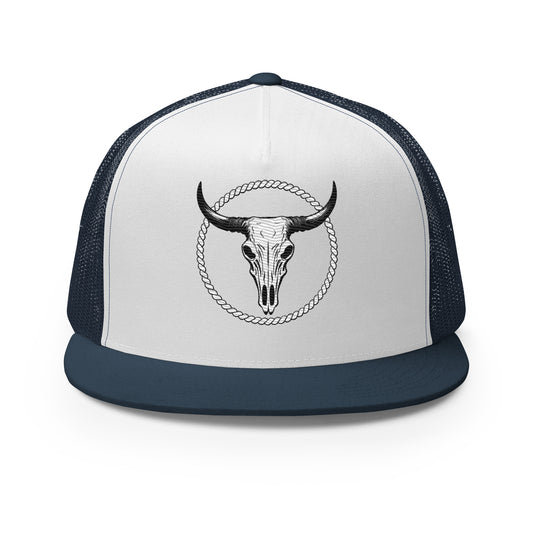 mntain outlaw rugged trucker cap with navy blue brim and mesh back featuring a bull skull design