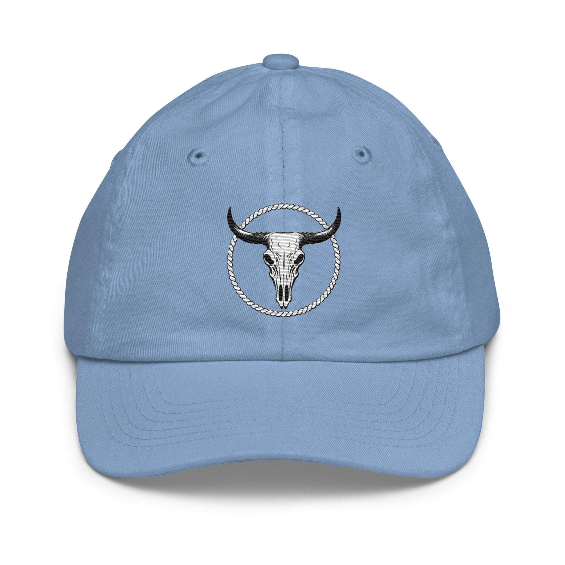 mntain outlaw light blue youth baseball cap with longhorn skull and rope circle logo