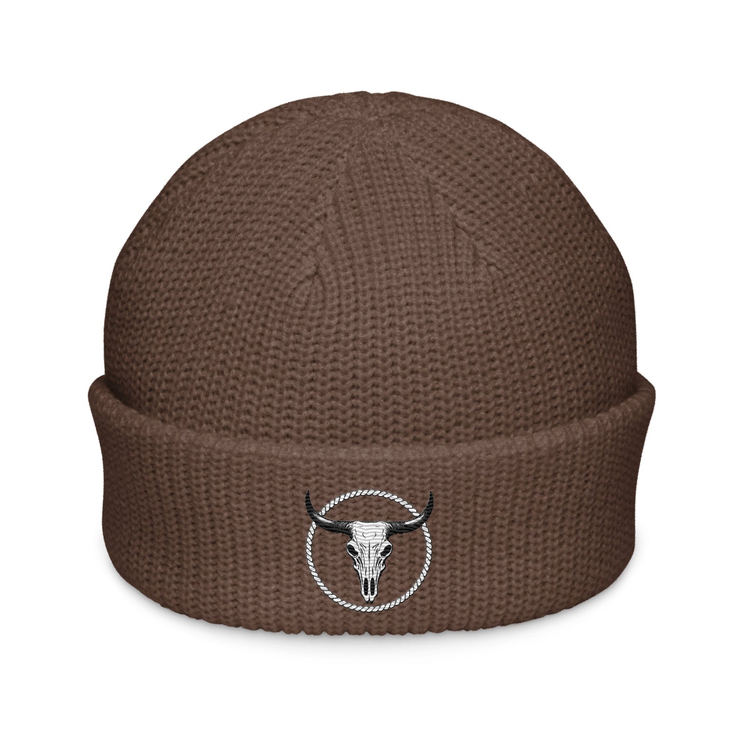 mntain rugged fisherman beanie in brown with skull and horns embroidered patch on cuff