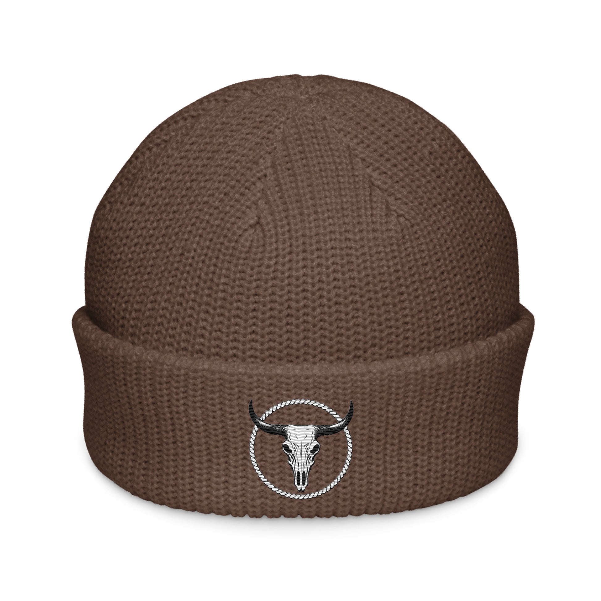mntain rugged fisherman beanie in brown with skull and horns embroidered patch on cuff