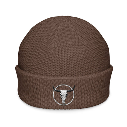 mntain rugged fisherman beanie in brown with skull and horns embroidered patch on cuff