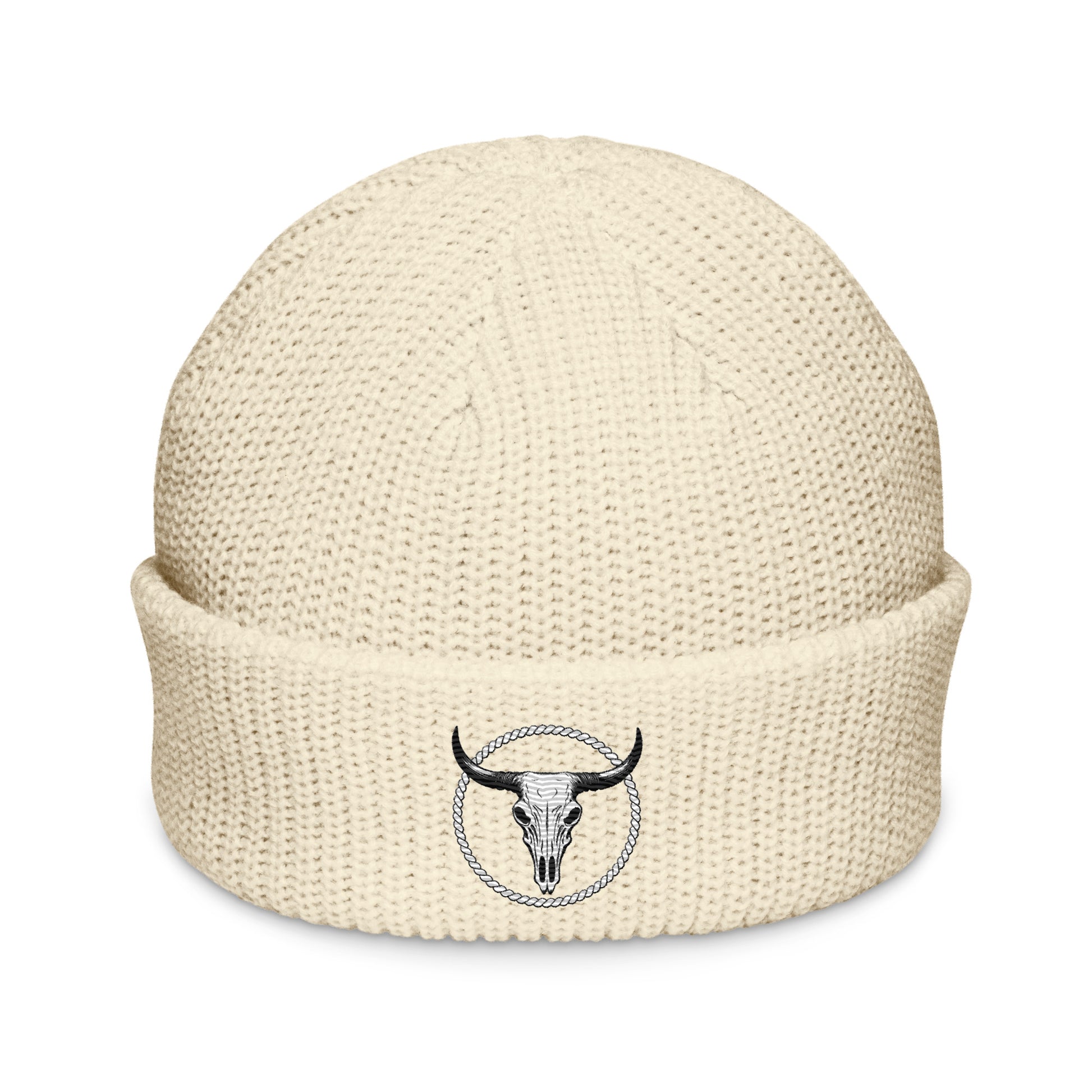 mntain rugged fisherman beanie in cream with bull skull embroidery on cuff