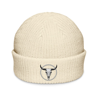 mntain rugged fisherman beanie in cream with bull skull embroidery on cuff