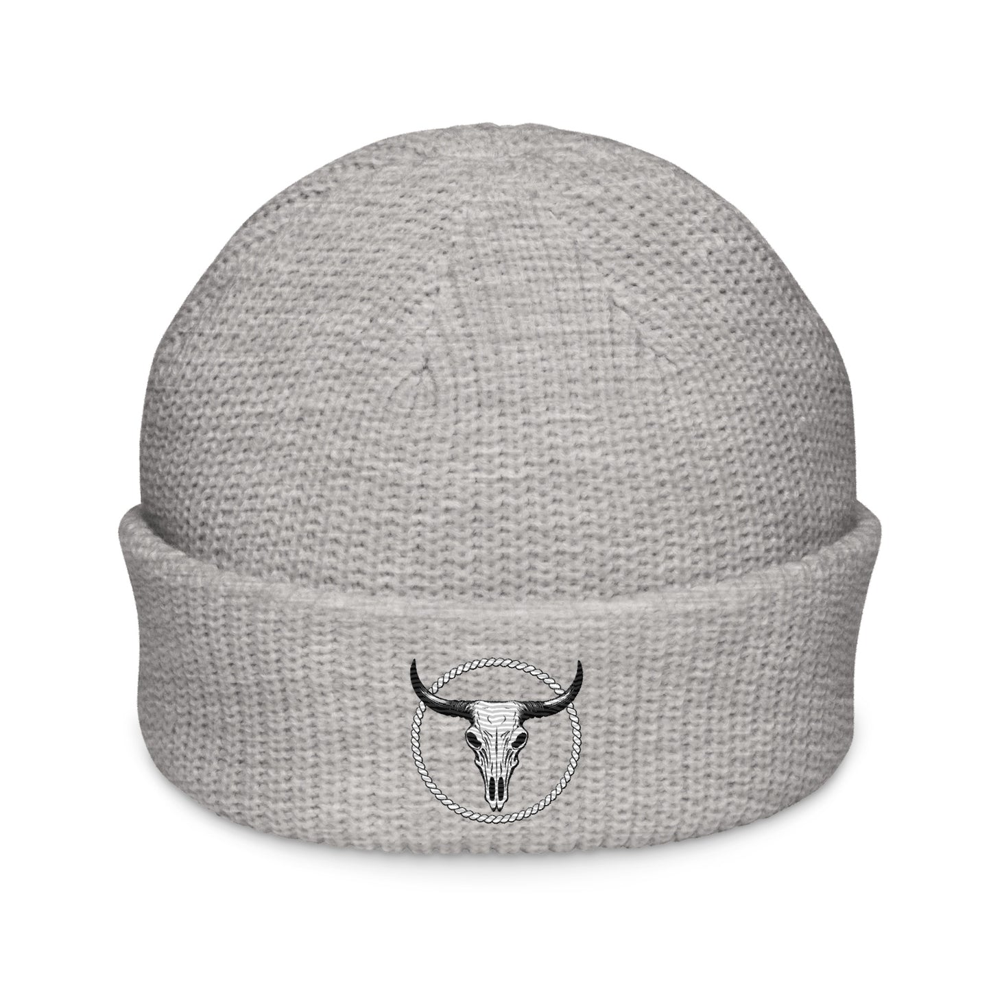 mntain rugged fisherman beanie in light gray with a black bull skull emblem on the cuff
