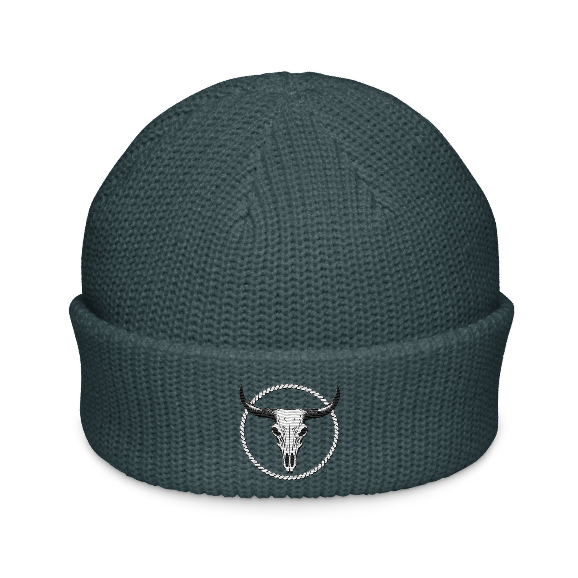 mntain rugged fisherman beanie in dark gray with embroidered bull skull patch on cuff