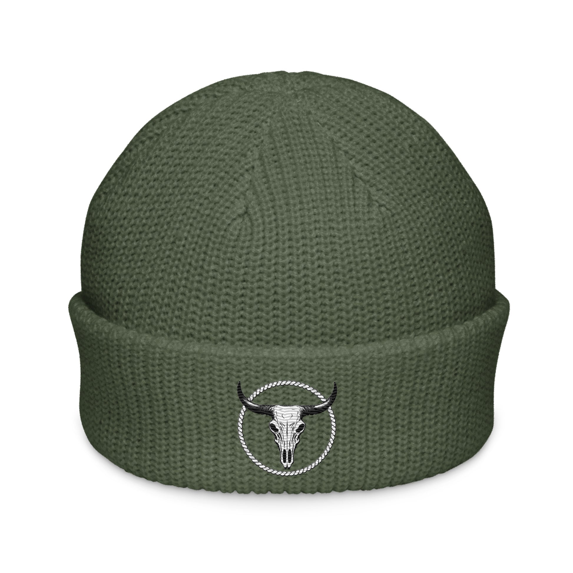 mntain rugged fisherman beanie in olive green with bull skull logo on cuff
