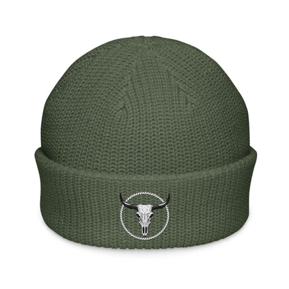 mntain rugged fisherman beanie in olive green with bull skull logo on cuff