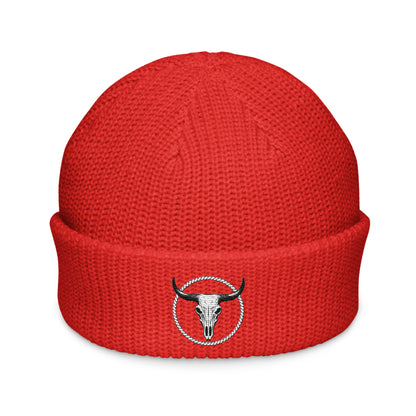 Red rugged fisherman beanie with folded cuff and embroidered bull skull logo