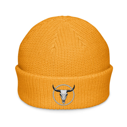 Mntain rugged fisherman beanie in mustard yellow with embroidered bull skull logo on cuff
