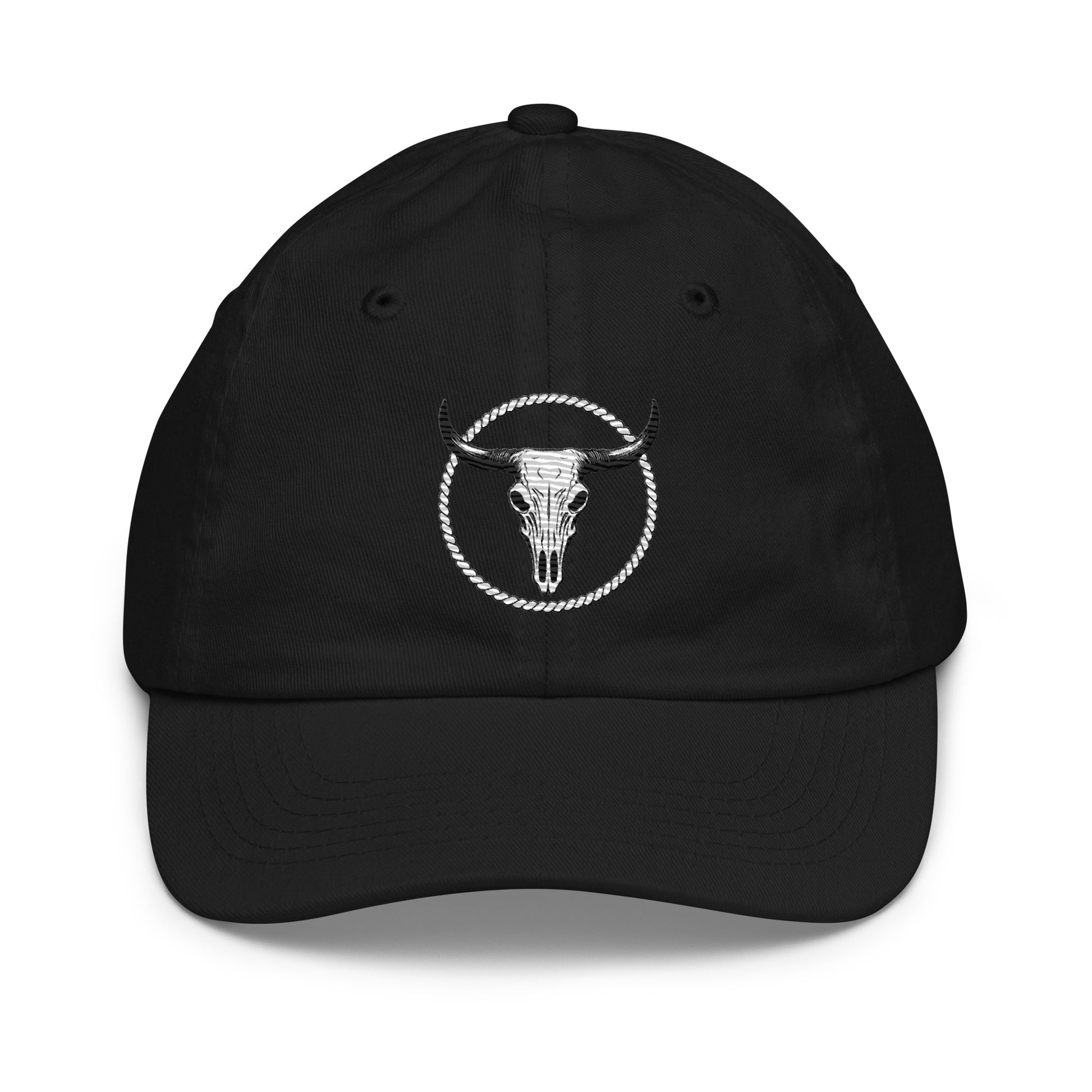 Black youth baseball cap by mntain outlaw featuring a white bull skull logo inside a rope circle