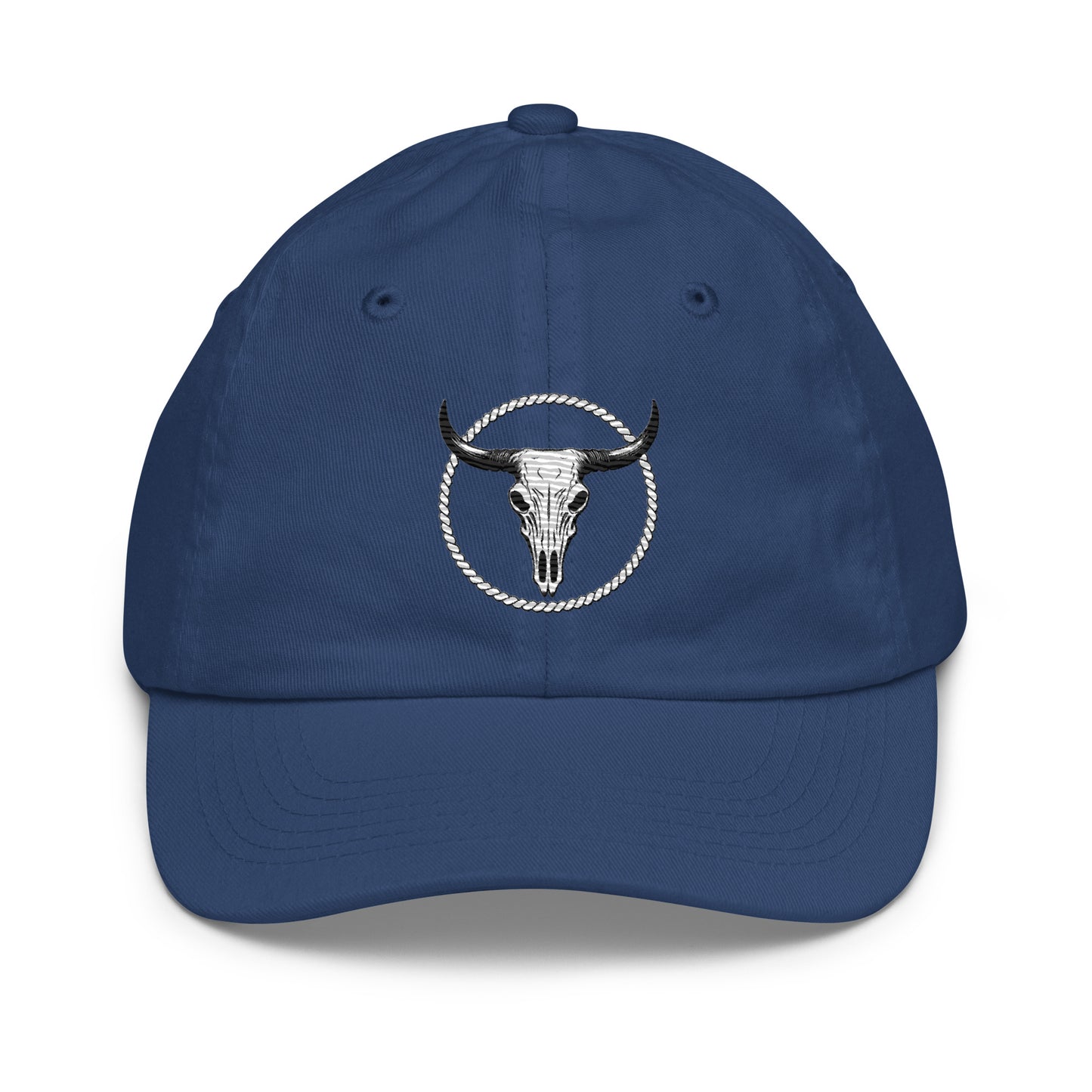 Blue youth baseball cap with embroidered longhorn skull and rope circle design by mntain outlaw