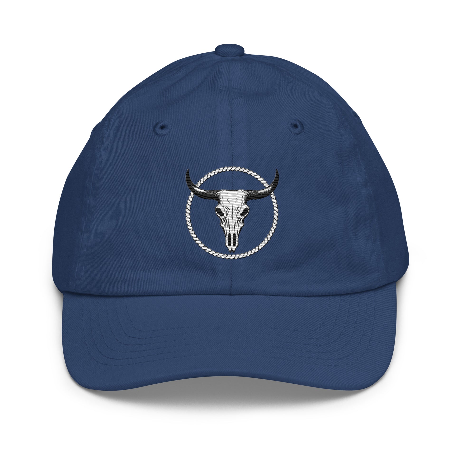 Blue youth baseball cap with embroidered longhorn skull and rope circle design by mntain outlaw
